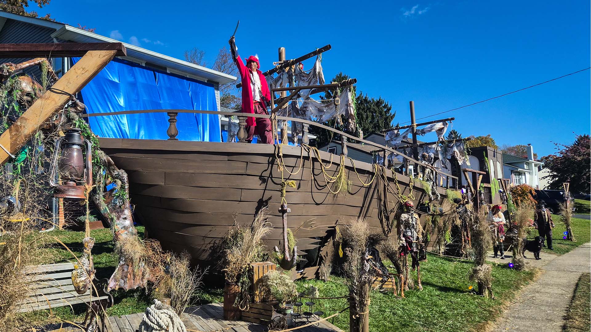A 70-foot homemade pirate ship Halloween display in Broomall, Pennsylvania